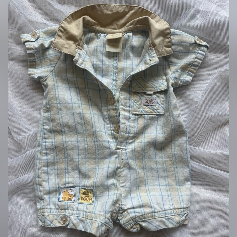 Vintage Classic Pooh Blue & Beige Striped Romper for Baby 0-3 months